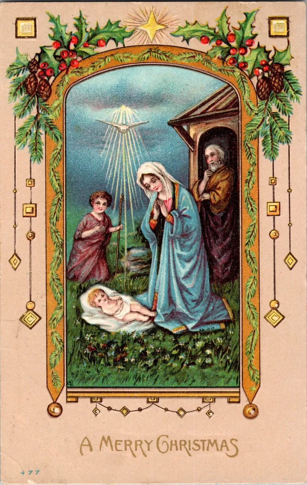 1917 Antique Christmas Postcard, posted with handwritten message and 2-cent USA stamp