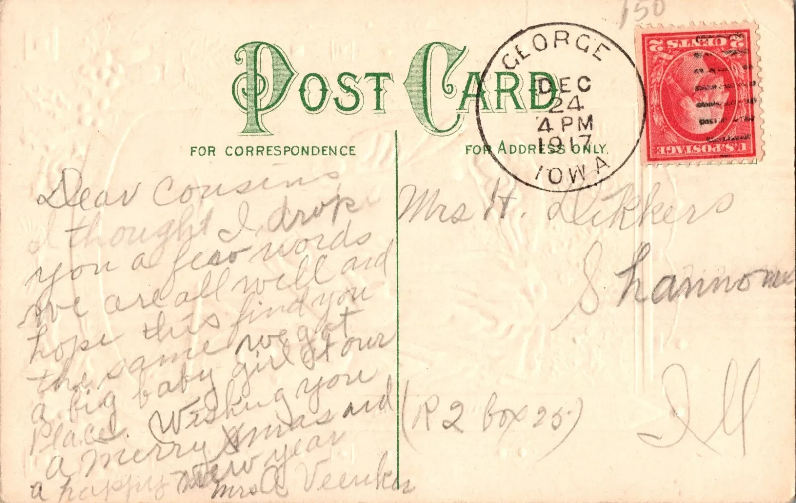 1917 Antique Christmas Postcard, posted with handwritten message and 2-cent USA stamp - Image 2