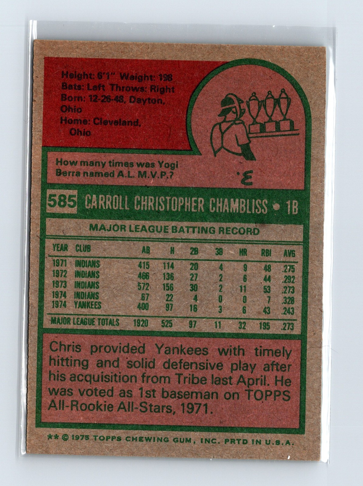 1975 Topps Baseball #585 Chris Chambliss New York Yankees - Image 2