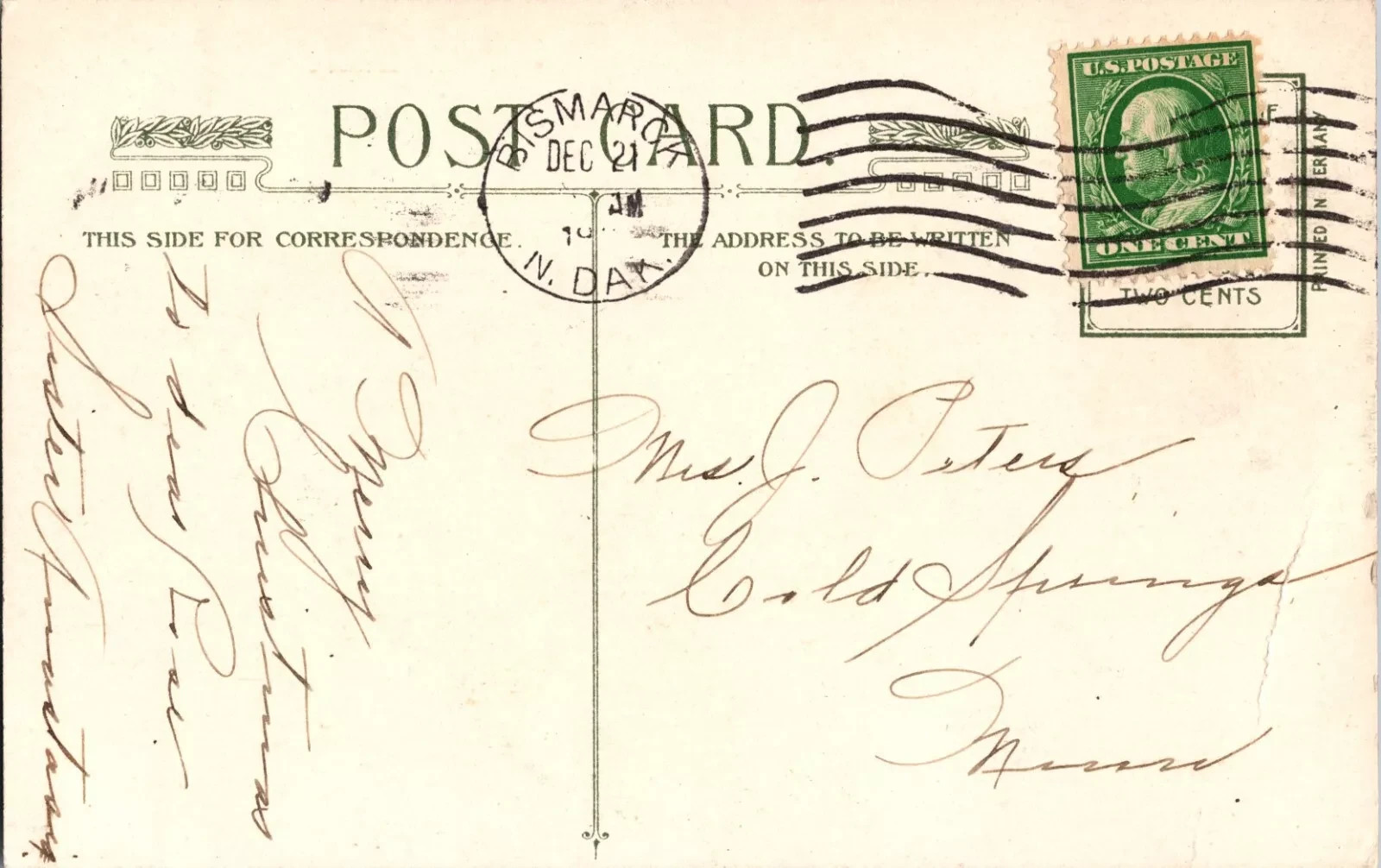 1900s Antique Christmas Postcard, Handwritten Message, Posted with One-Cent USA Stamp - Image 2