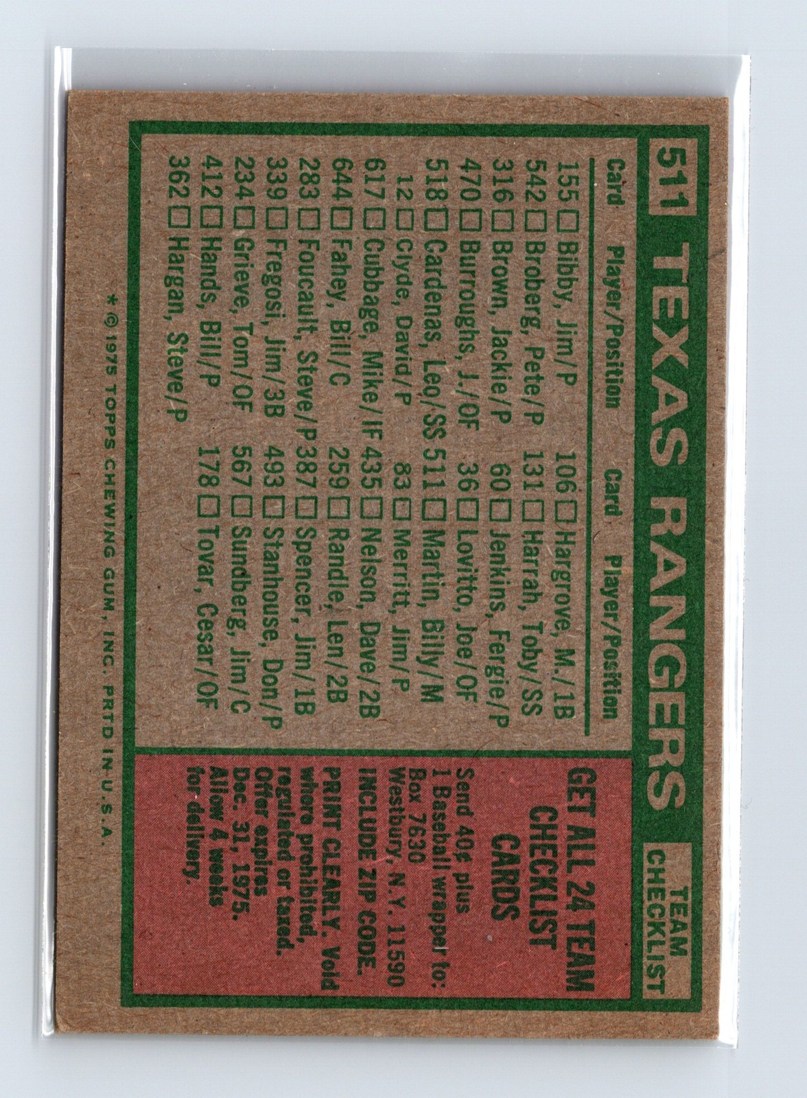 1975 Topps Baseball #511 Billy Martin Texas Rangers Team Photo - Image 2