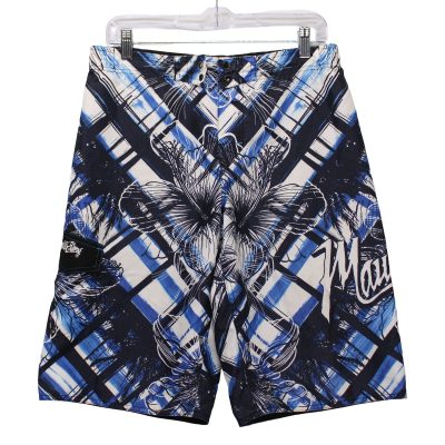 Maui and Sons Board Shorts Mens XL (14/16) Blue Plaid Hibiscus Excellent