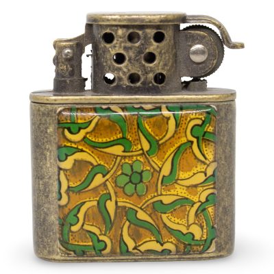 Vintage Texas Efe AST.015 Brass Lift Arm Petrol Lighter with Floral Enamel Panel