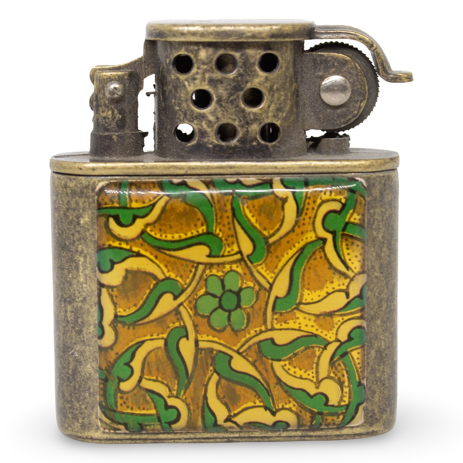 Vintage Texas Efe AST.015 Brass Lift Arm Petrol Lighter with Floral Enamel Panel
