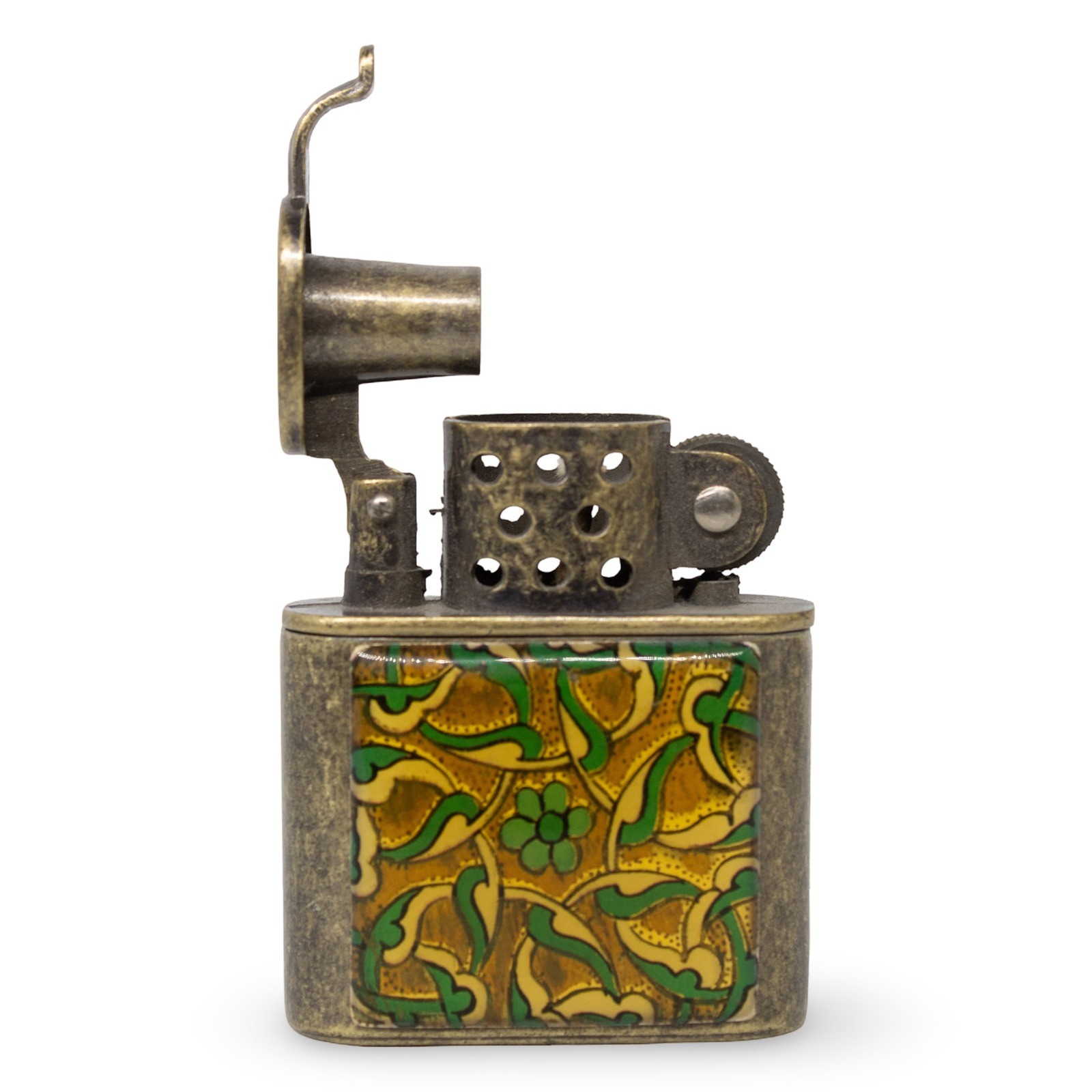 Vintage Texas Efe AST.015 Brass Lift Arm Petrol Lighter with Floral Enamel Panel - Image 3