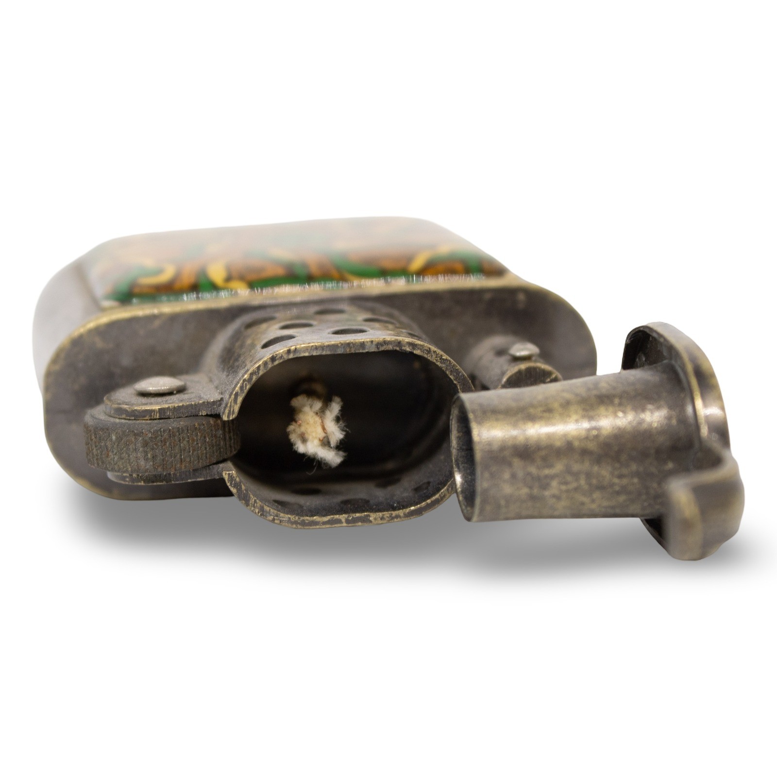 Vintage Texas Efe AST.015 Brass Lift Arm Petrol Lighter with Floral Enamel Panel - Image 5