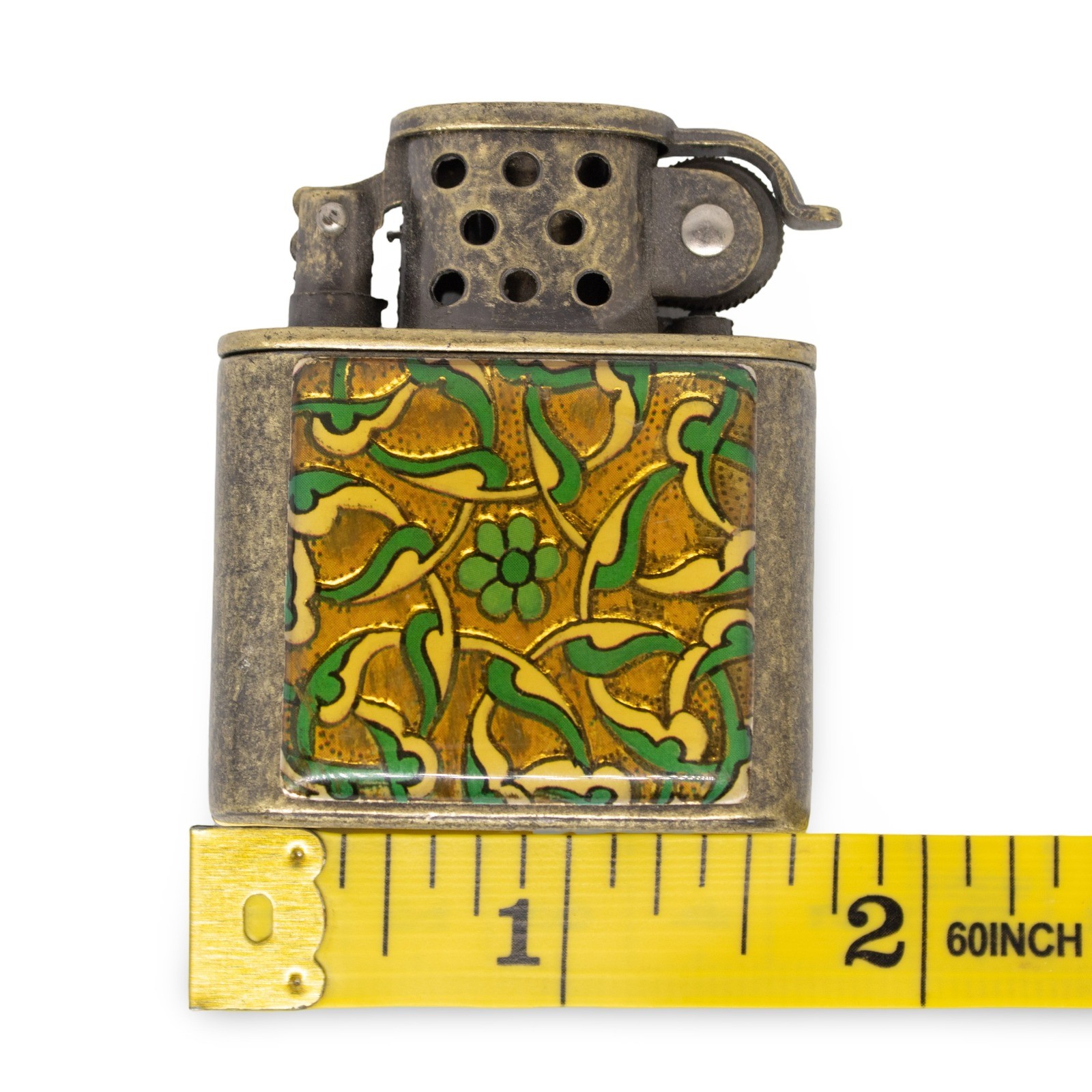 Vintage Texas Efe AST.015 Brass Lift Arm Petrol Lighter with Floral Enamel Panel - Image 7