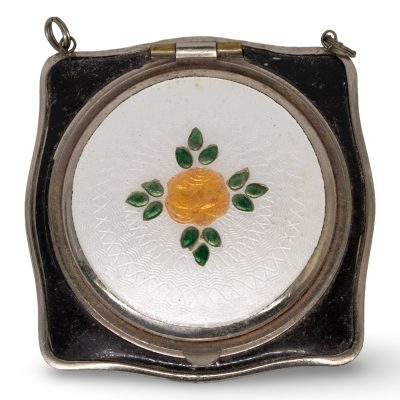 Antique Art Deco Guilloche Enamel Floral Makeup Compact, Black/White, 2 in