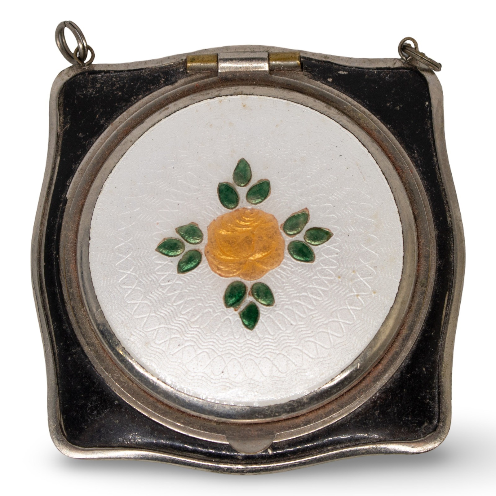Antique Art Deco Guilloche Enamel Floral Makeup Compact, Black/White, 2 in