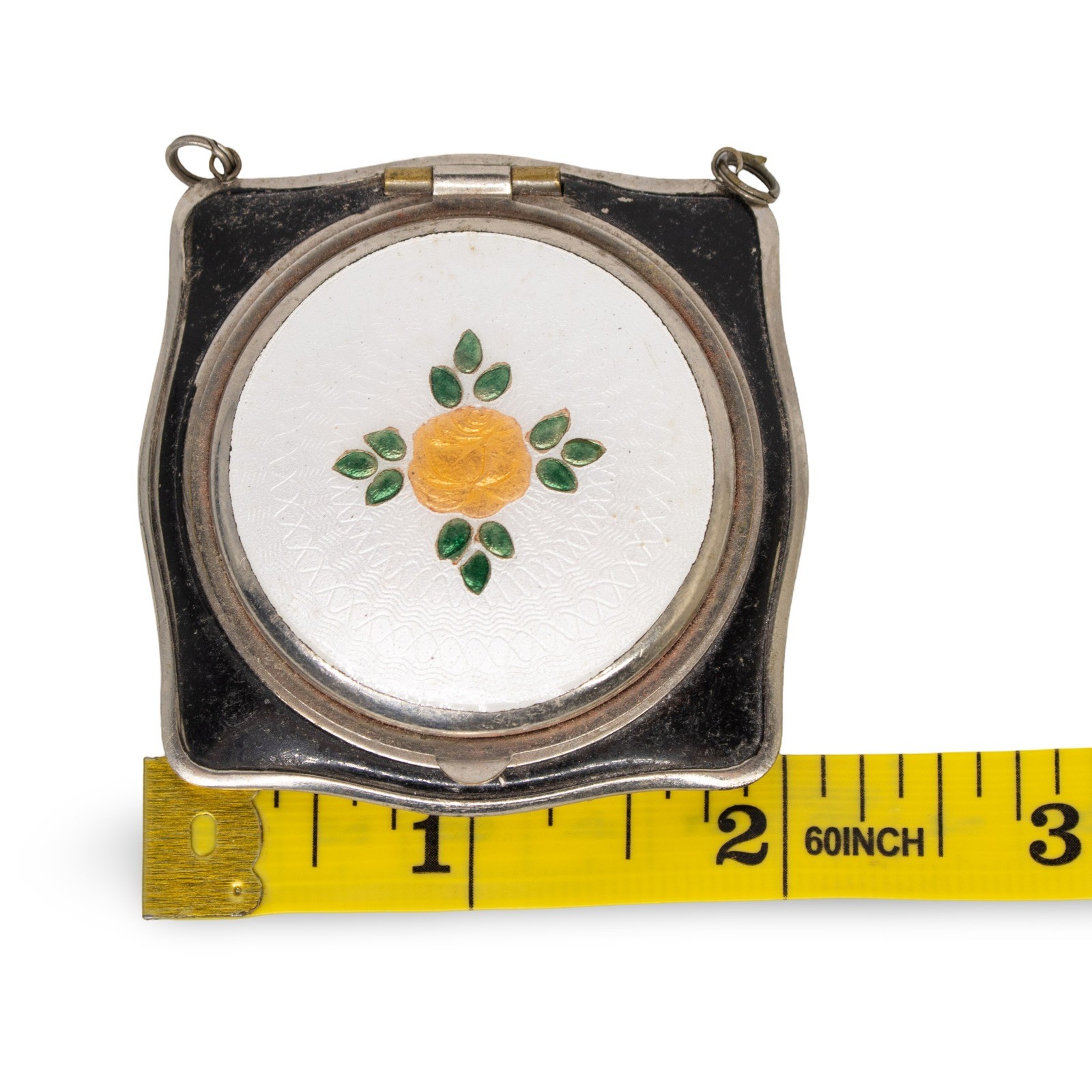 Antique Art Deco Guilloche Enamel Floral Makeup Compact, Black/White, 2 in - Image 6