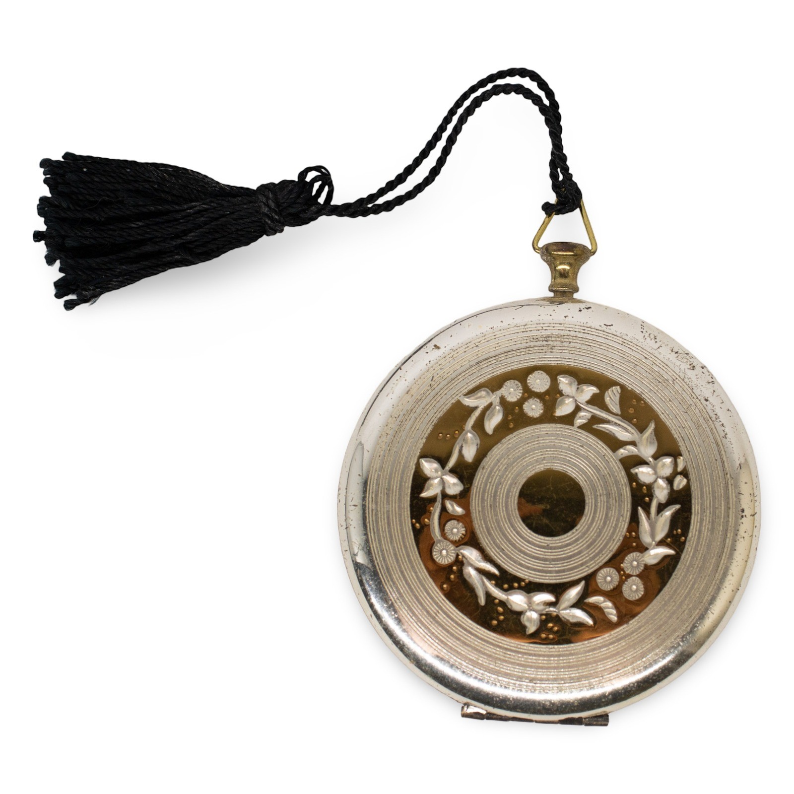 Vintage Zell Fifth Avenue Pocket Watch Style Powder Compact with Tassel, 2.5 in, USA