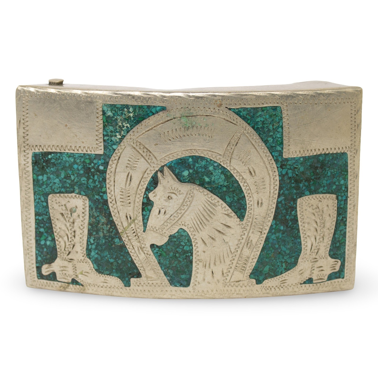 Vintage Mexico Alpaca Silver Turquoise Chip Inlay Horse Horseshoe Belt Buckle