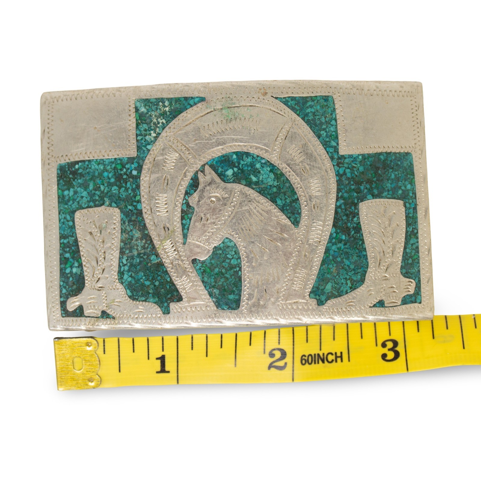 Vintage Mexico Alpaca Silver Turquoise Chip Inlay Horse Horseshoe Belt Buckle - Image 3
