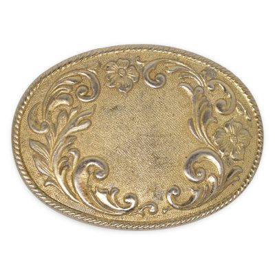 Vintage Brass Western Floral Filigree Oval Belt Buckle Made in USA Blank Center