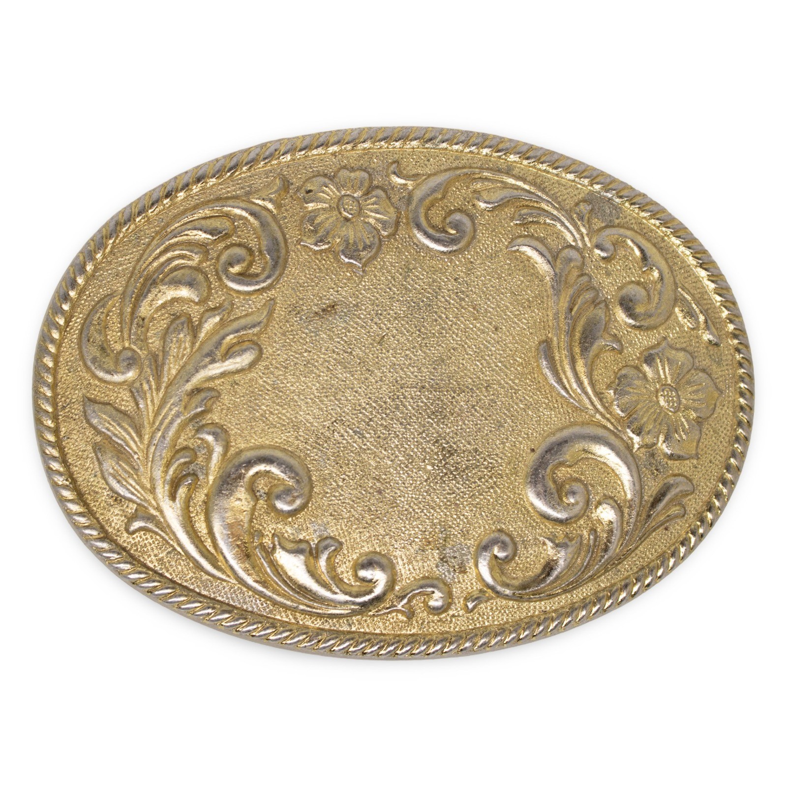 Vintage Brass Western Floral Filigree Oval Belt Buckle Made in USA Blank Center