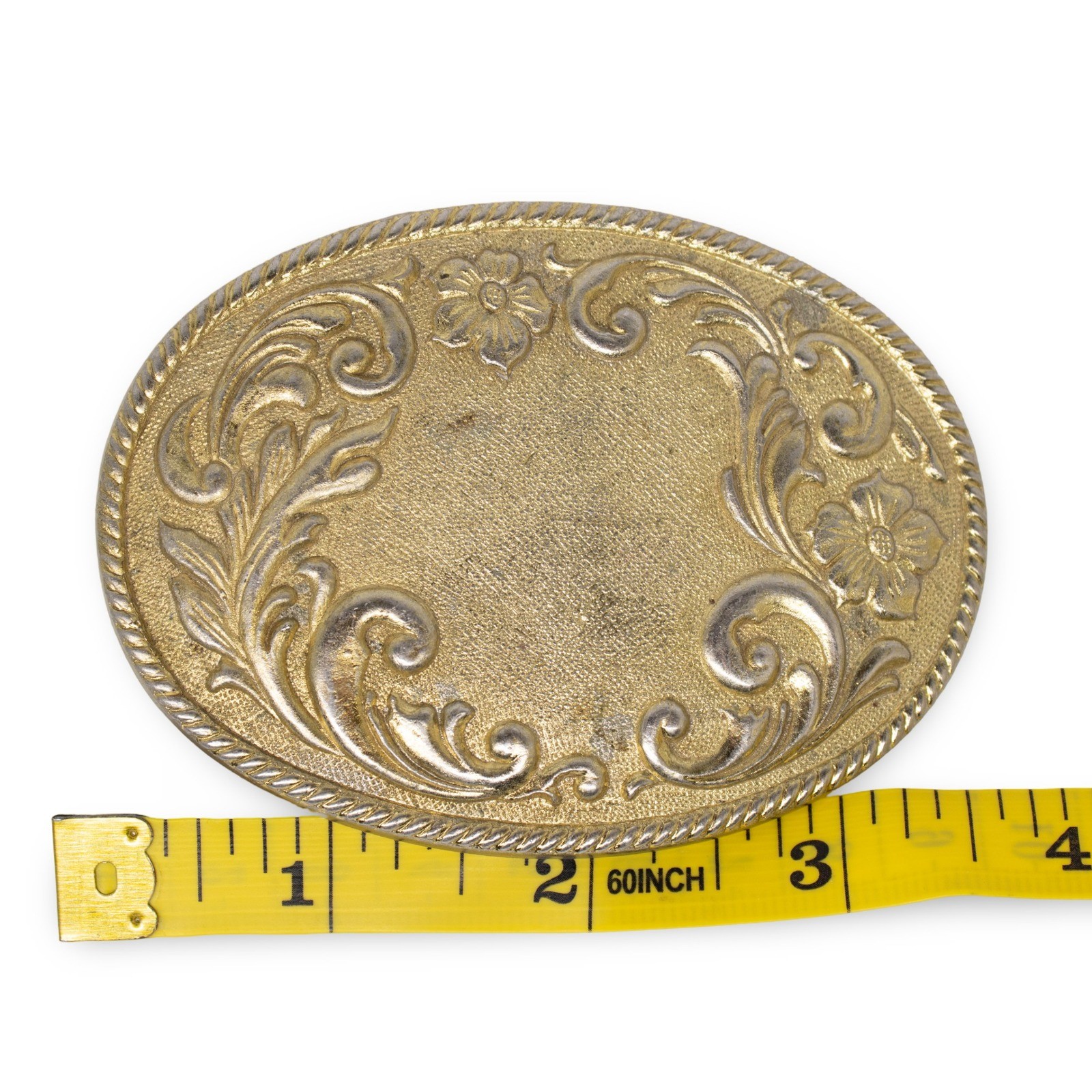 Vintage Brass Western Floral Filigree Oval Belt Buckle Made in USA Blank Center - Image 3