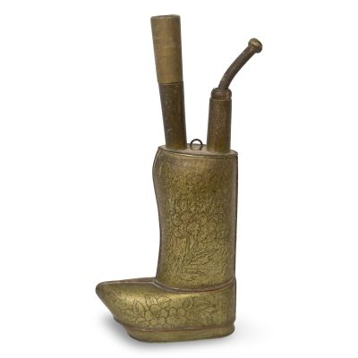 Antique Chinese Brass Boot-Shape Water Tobacco Pipe, Late Qing Dynasty