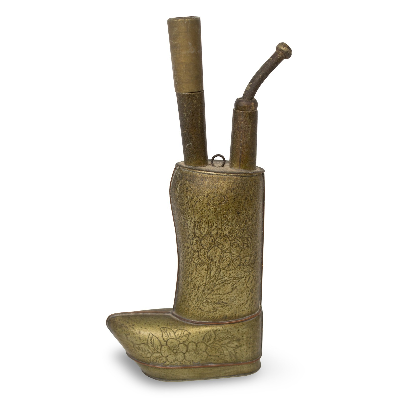 Antique Chinese Brass Boot-Shape Water Tobacco Pipe, Late Qing Dynasty