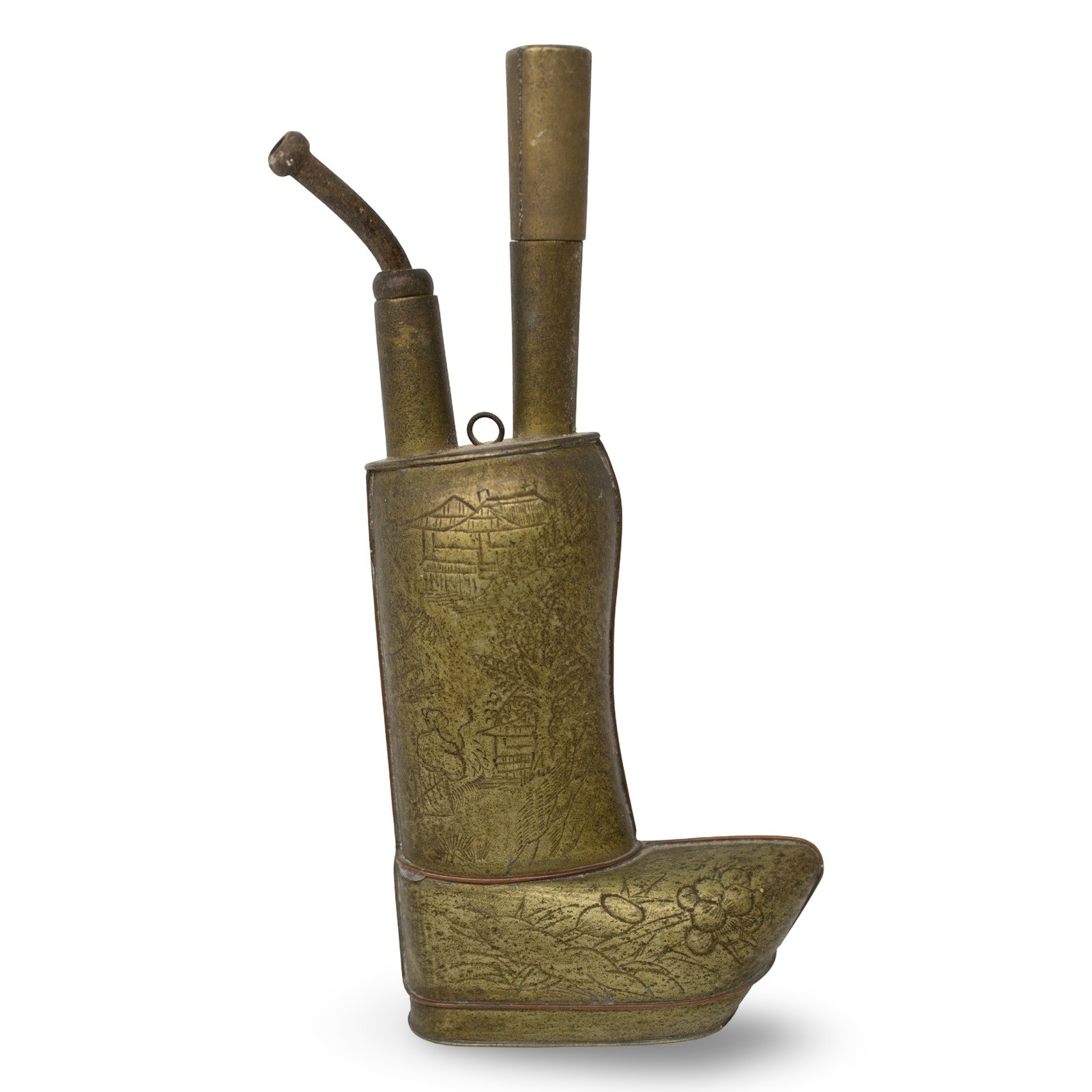 Antique Chinese Brass Boot-Shape Water Tobacco Pipe, Late Qing Dynasty - Image 2