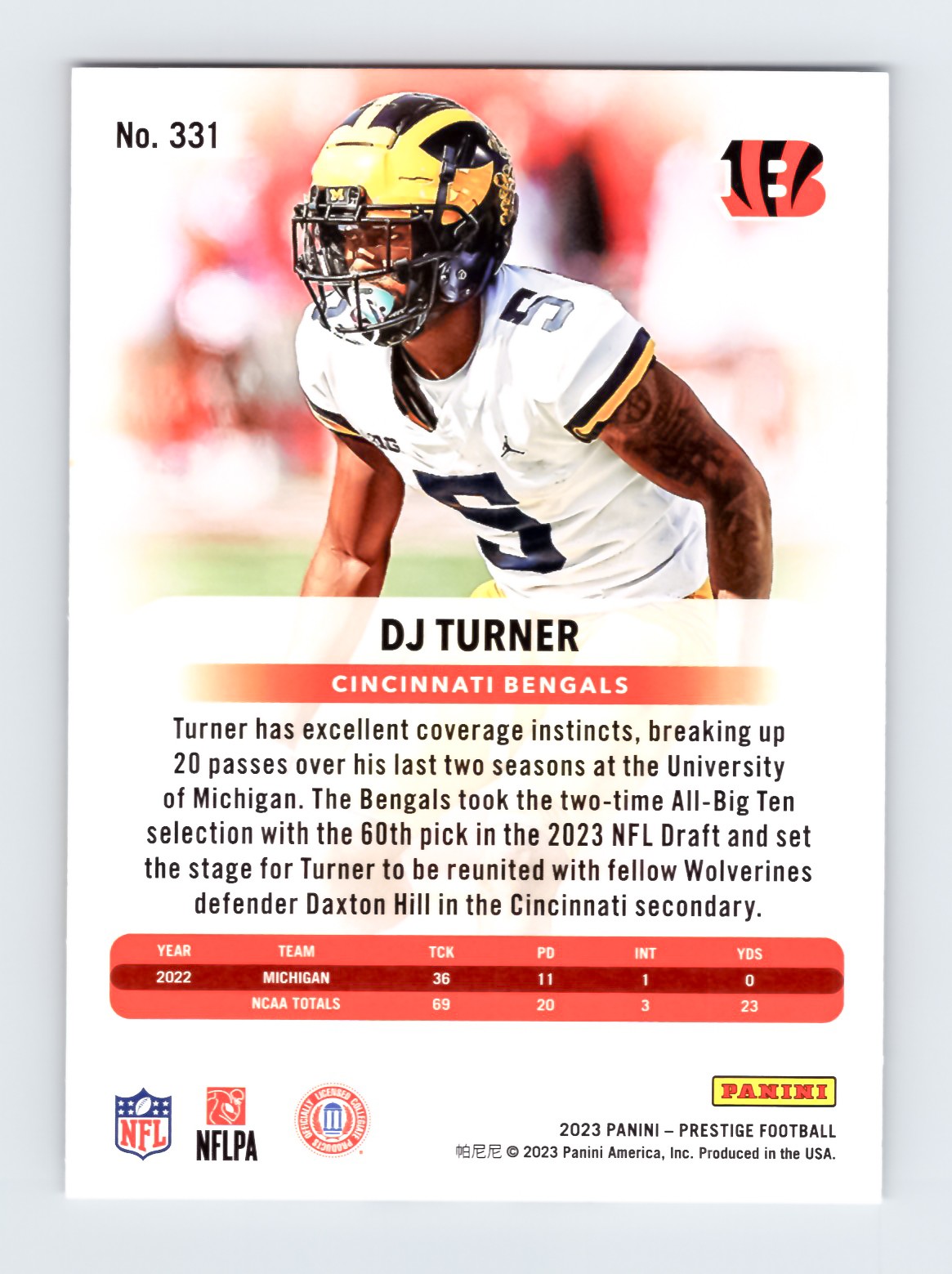 DJ Turner 2023 Panini Prestige #331 Rookie Card Cincinnati Bengals RC - Image 2