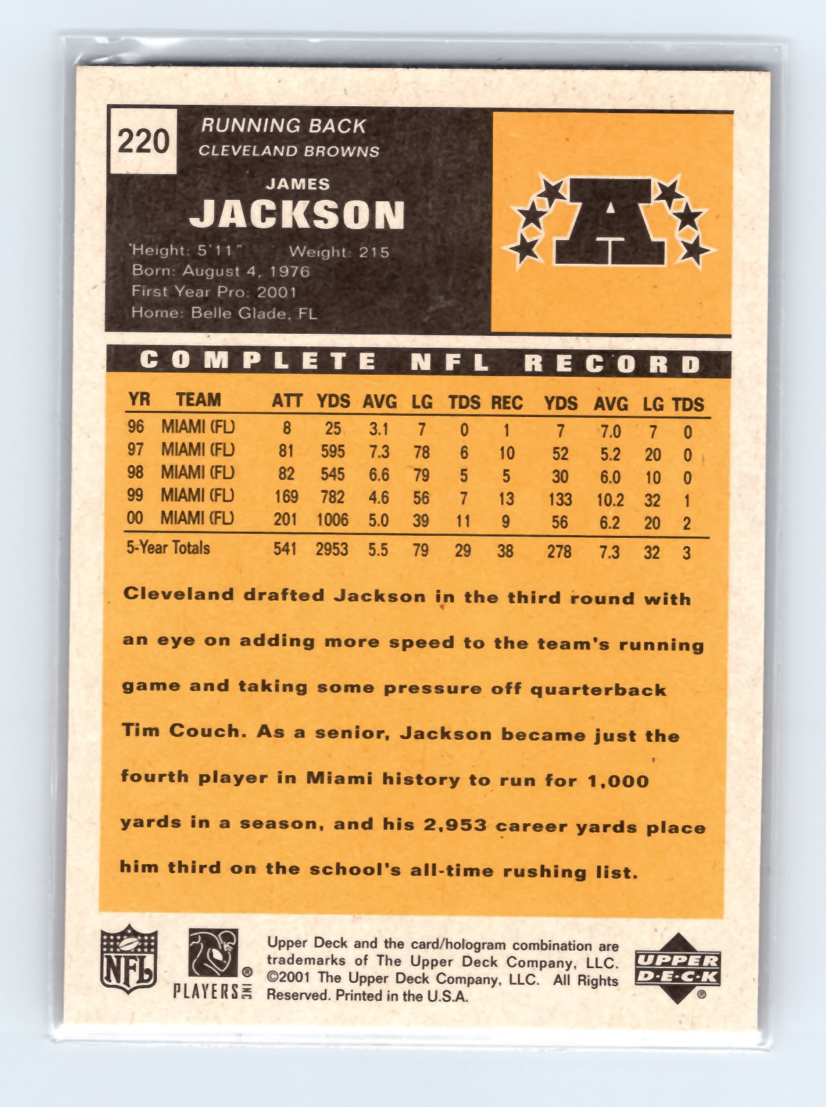 2001 Upper Deck Vintage #220 James Jackson Cleveland Browns Rookie Football Card - Image 2