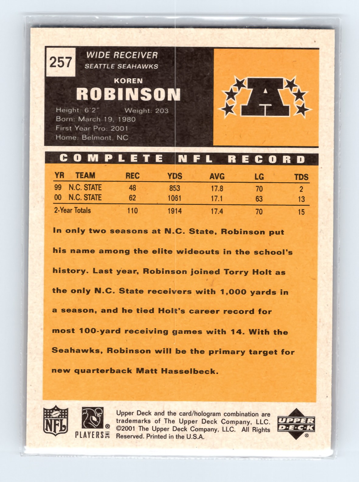 2001 Upper Deck Vintage #257 Koren Robinson Seattle Seahawks Rookie Card - Image 2