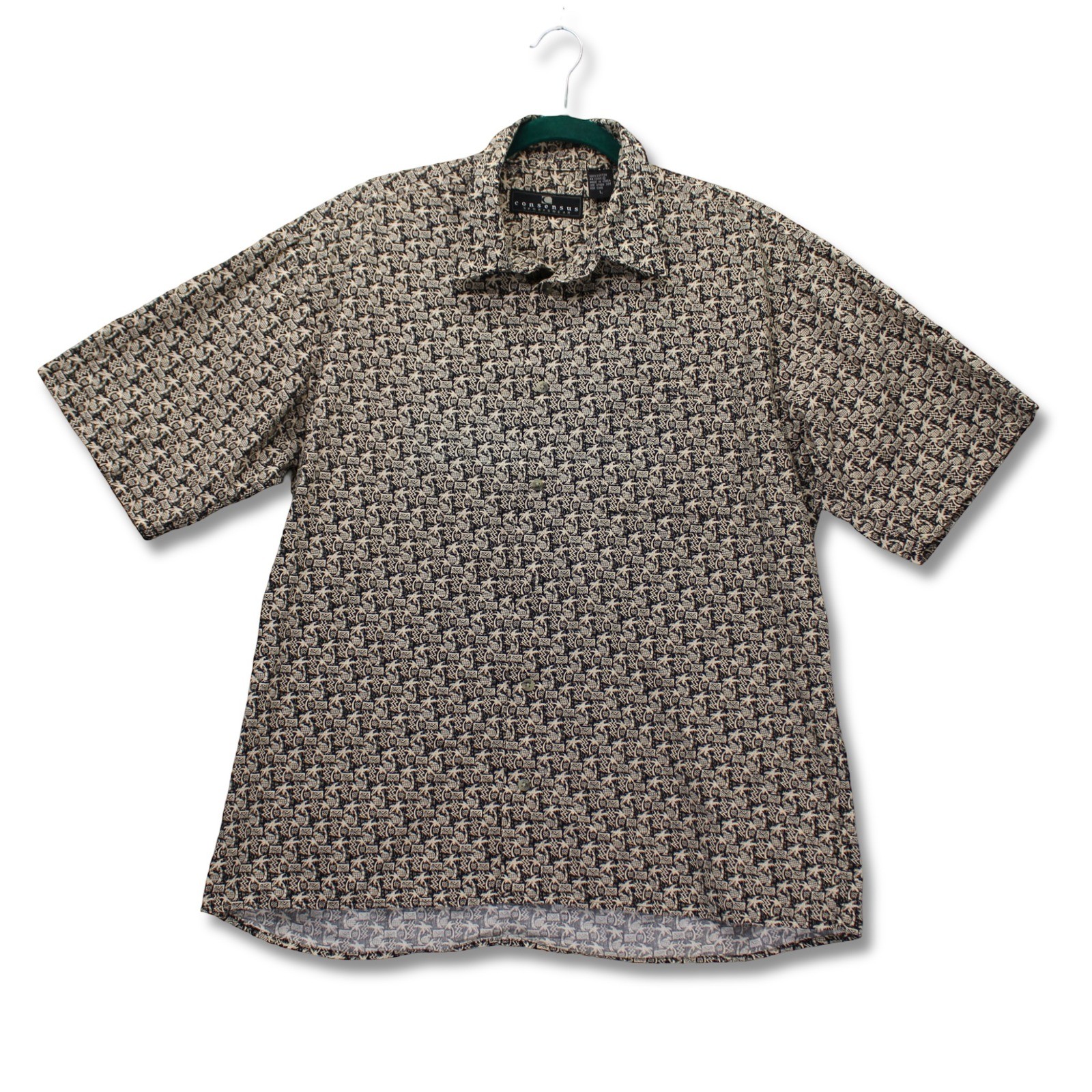 Consensus Sportswear Vintage Mens Large Short Sleeve Button Up Shirt Black Tan Cotton Made in Korea