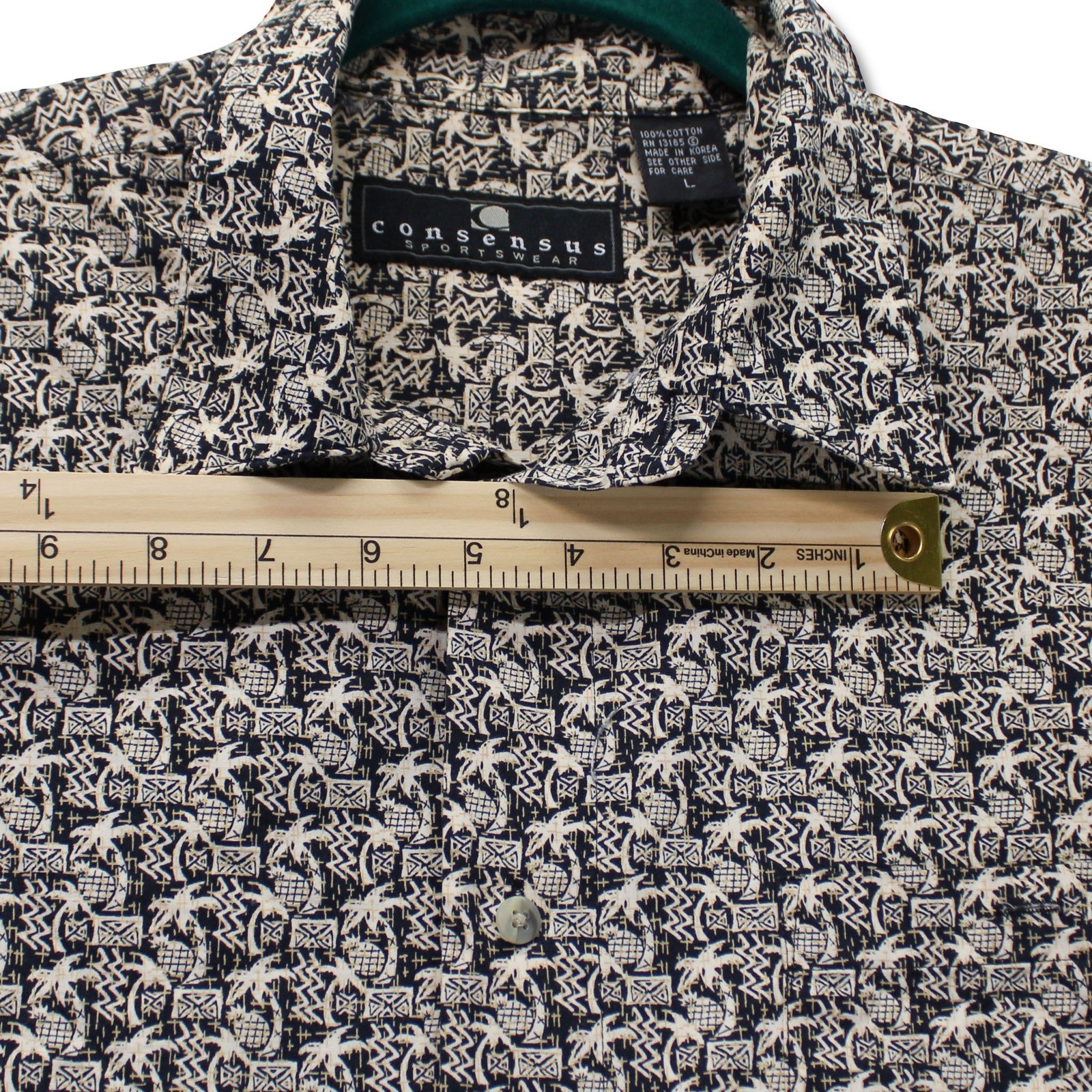 Consensus Sportswear Vintage Mens Large Short Sleeve Button Up Shirt Black Tan Cotton Made in Korea - Image 7