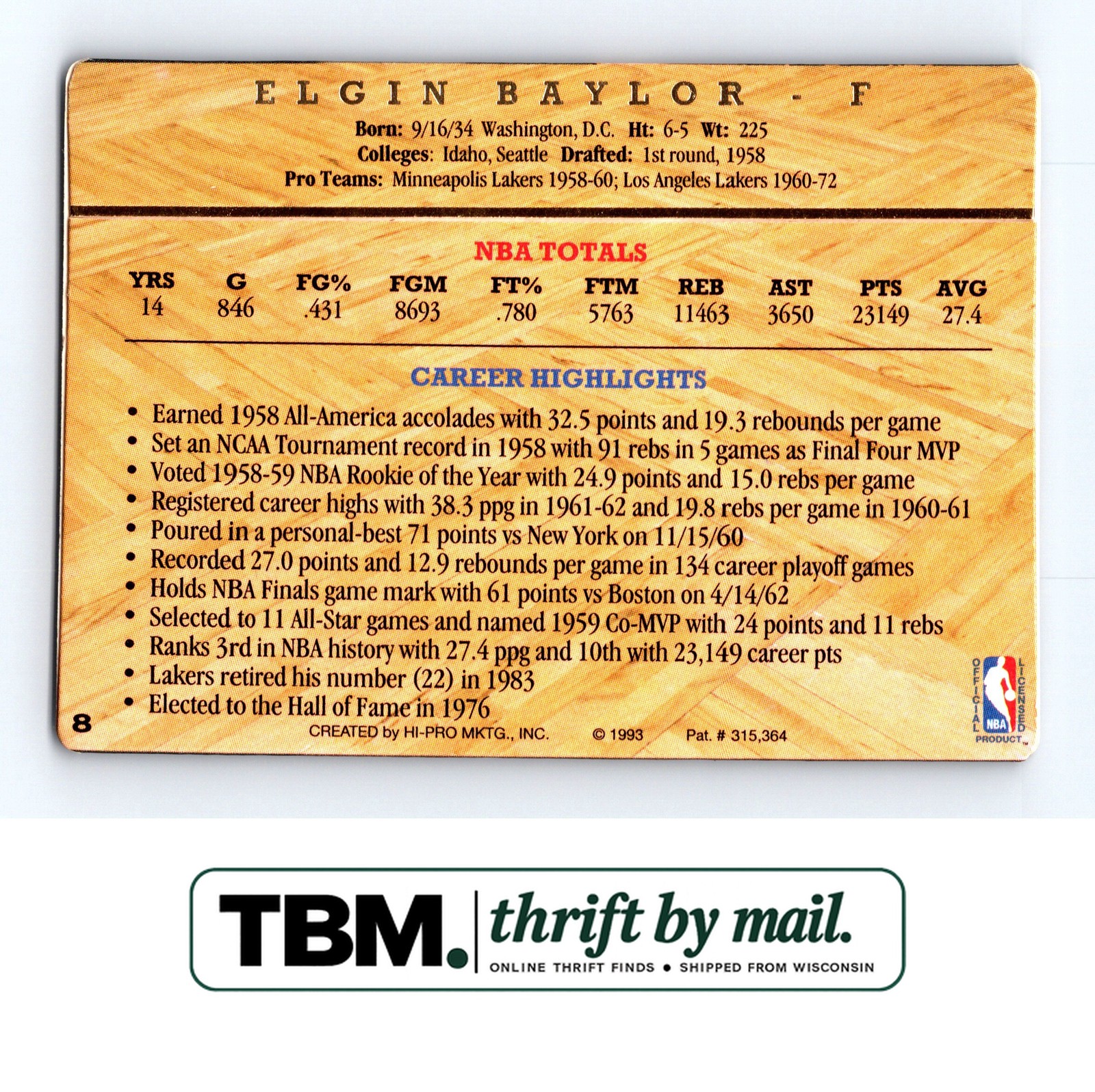 1993 Topps Action Packed Hall of Fame #8 Elgin Baylor Los Angeles Lakers - Image 2