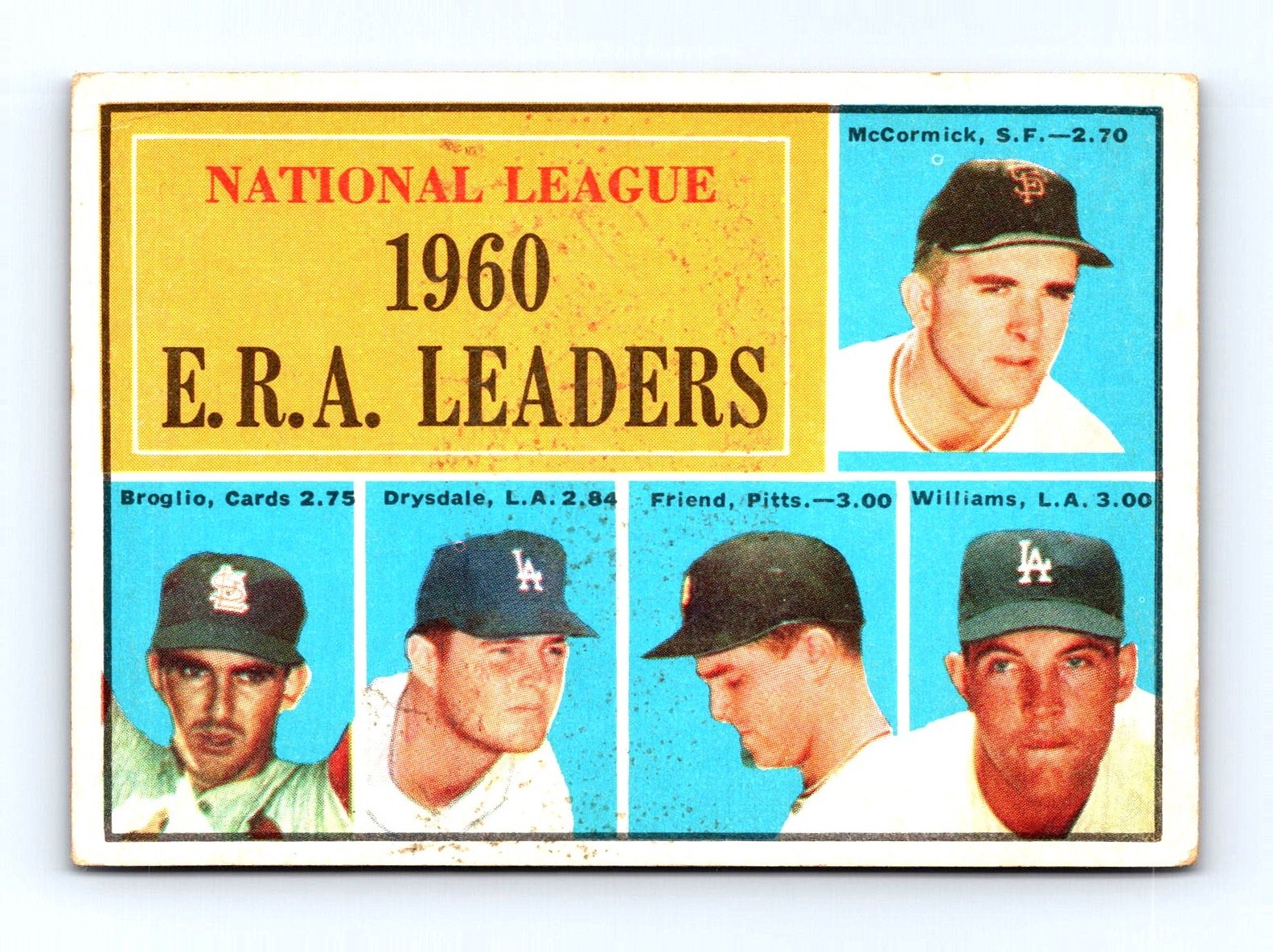 1961 Topps #45 National League 1960 E.R.A. Leaders McCormick Drysdale Williams