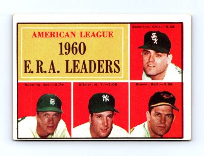 1961 Topps #46 American League 1960 E.R.A. Leaders Baumann Bunning Ditmar Brown