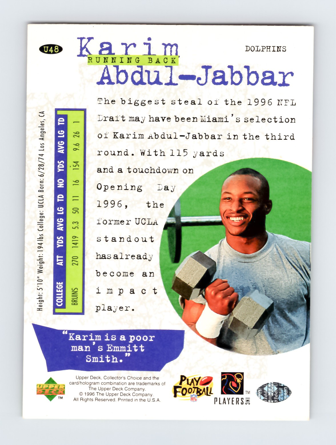 1996 Collector's Choice Update #U48 Karim Abdul-Jabbar RC Dolphins EXCELLENT - Image 2