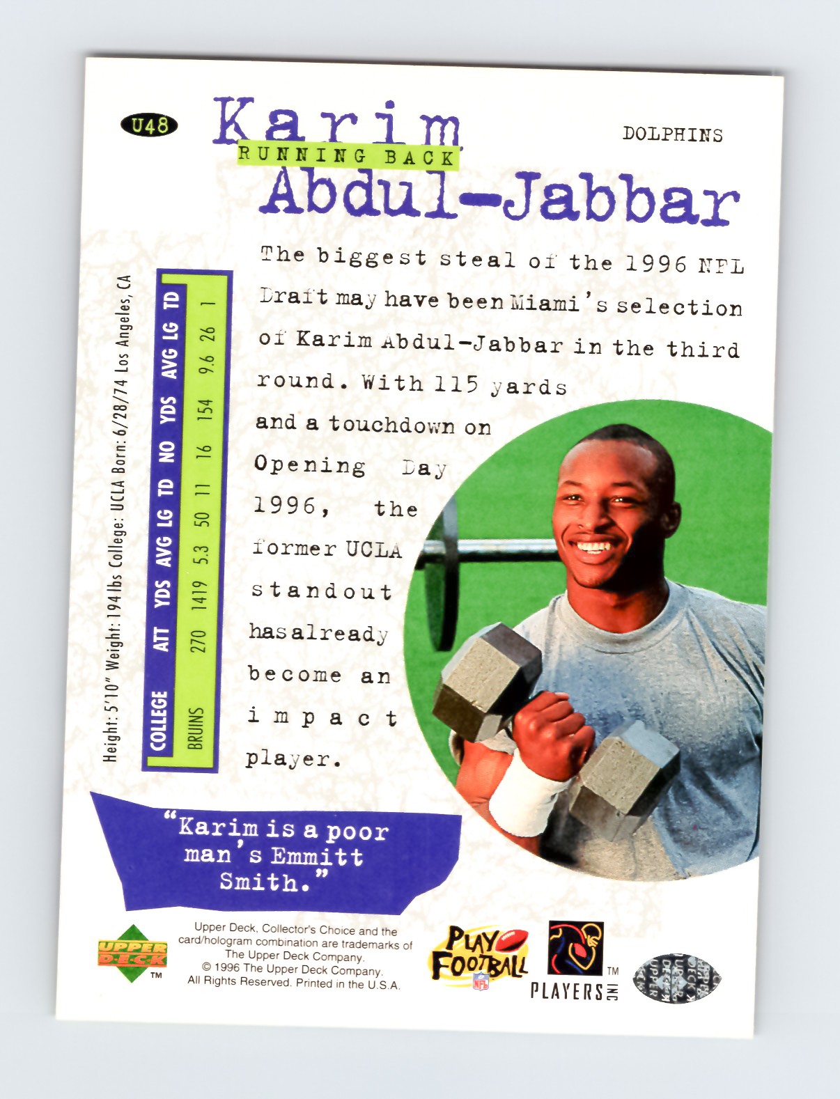 Karim Abdul-Jabbar 1996 Collector's Choice #U48 Football Card Dolphins Rookie - Image 2