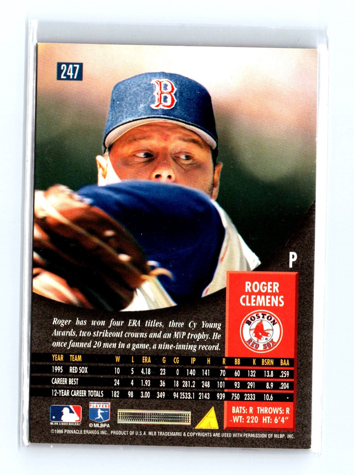 1996 Pinnacle #247 Roger Clemens Boston Red Sox MLB Baseball Card - Image 2