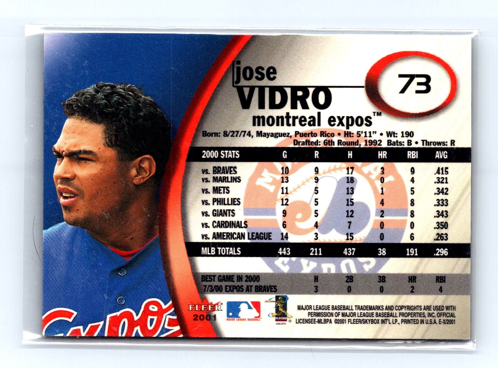 2001 Fleer E-X #73 Jose Vidro Montreal Expos Baseball Card - Image 2