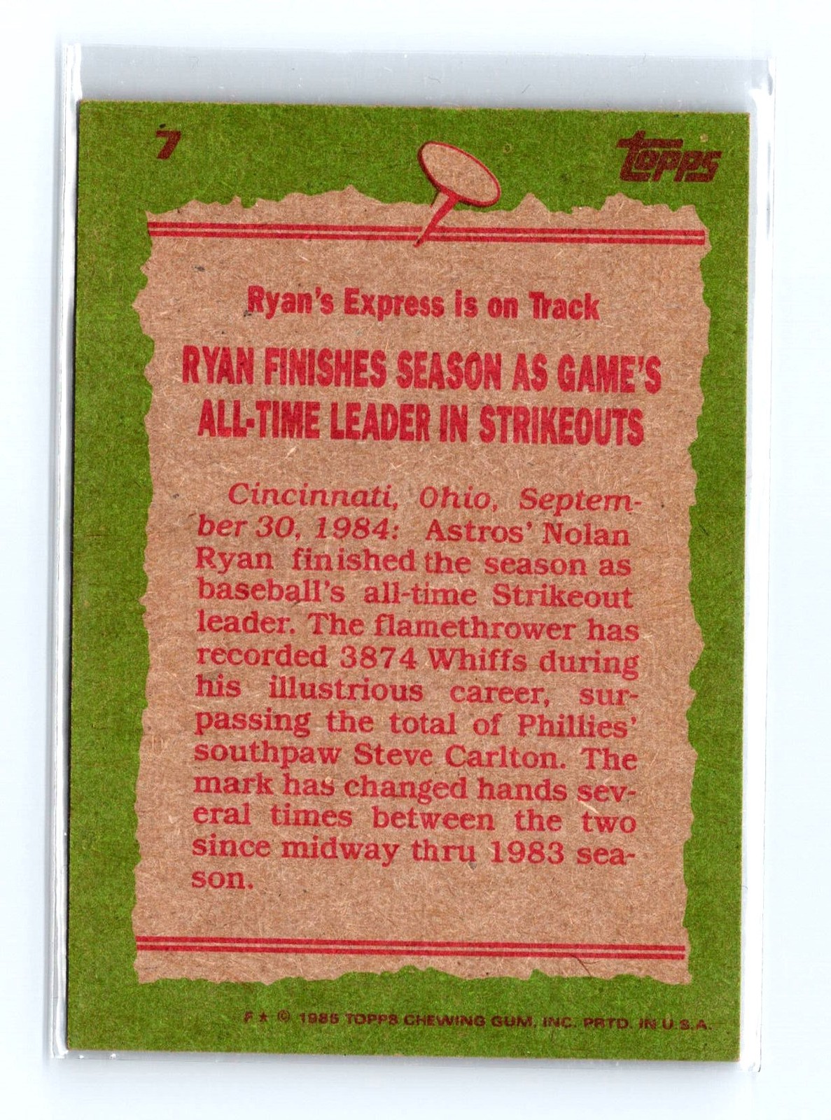 1985 Topps #7 Nolan Ryan Houston Astros Baseball Card - Image 2