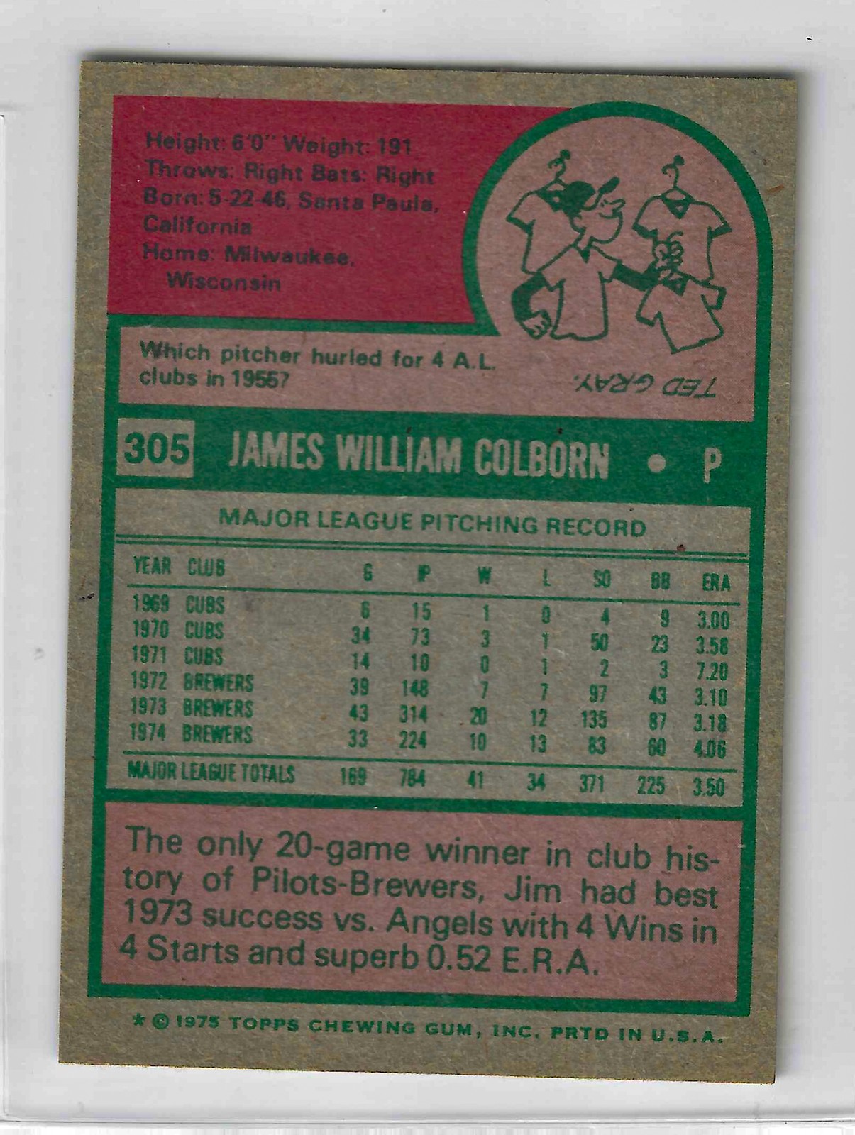1975 Topps Mini Jim Colborn #305 Milwaukee Brewers - Image 2