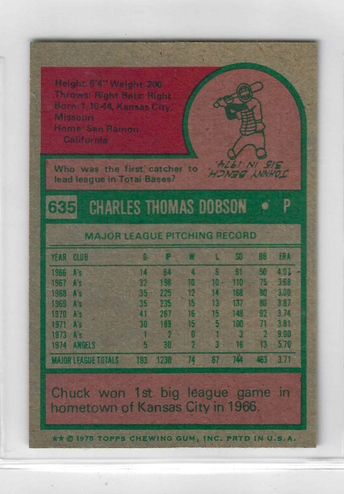 1975 Topps Mini Baseball Chuck Dobson #635 - Image 2