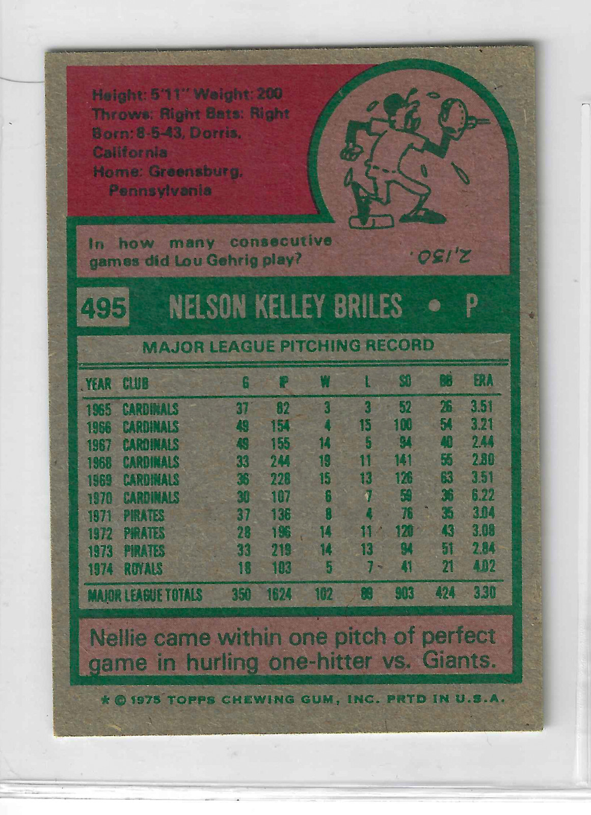 1975 Topps Mini Baseball Nelson Briles #495 Kansas City Royals - Image 2