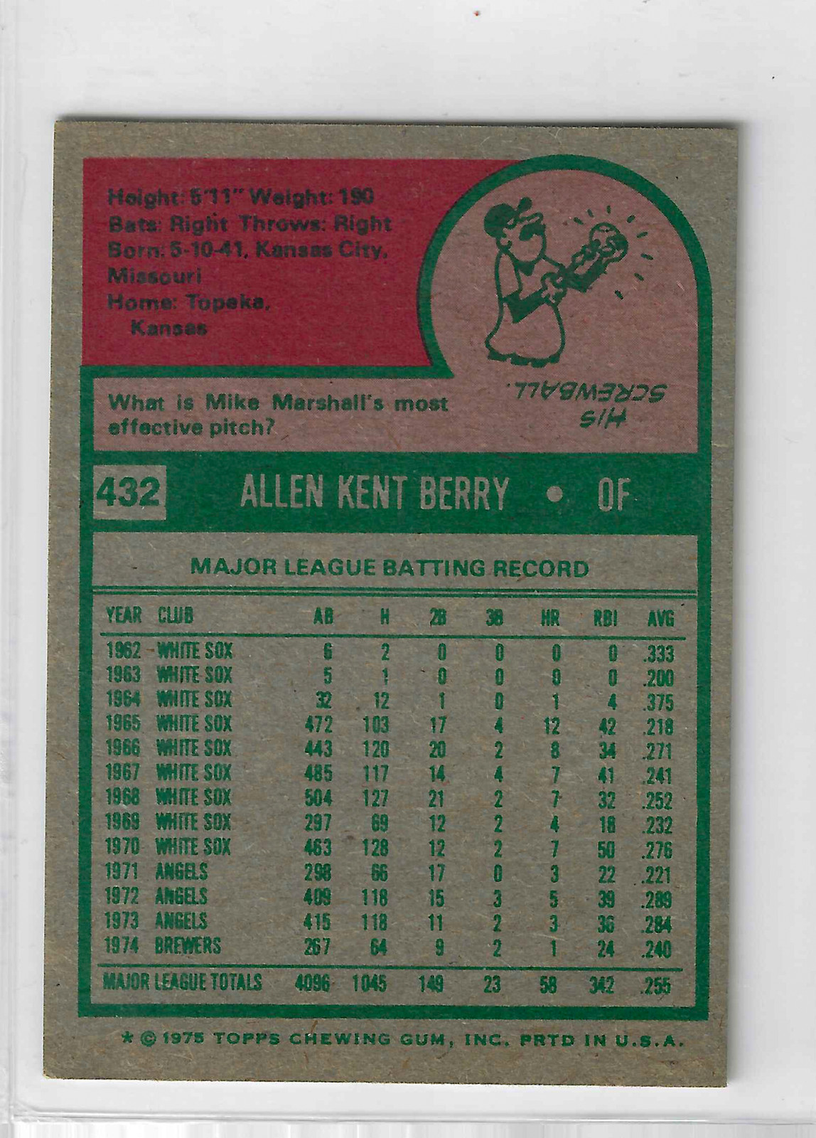 1975 Topps Mini Baseball Ken Berry #432 Milwaukee Brewers - Image 2