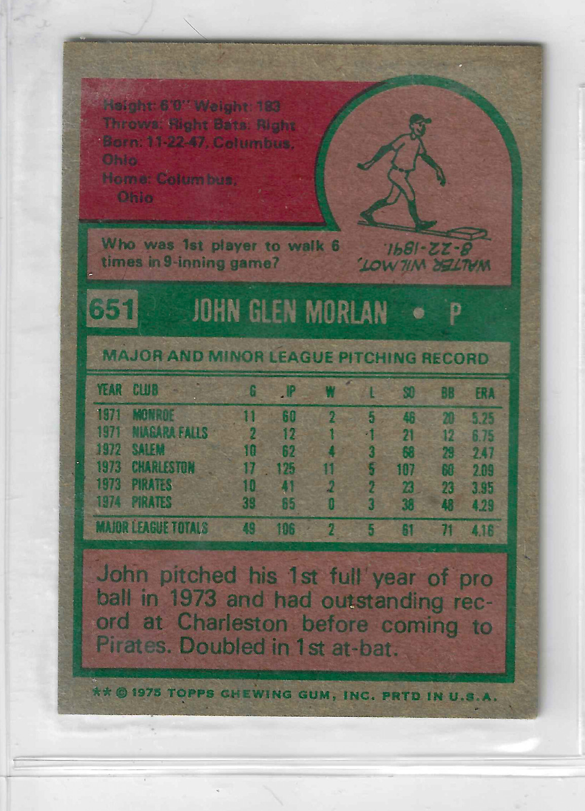 1975 Topps MINI Baseball John Morlan #651 Pittsburgh Pirates - Image 2