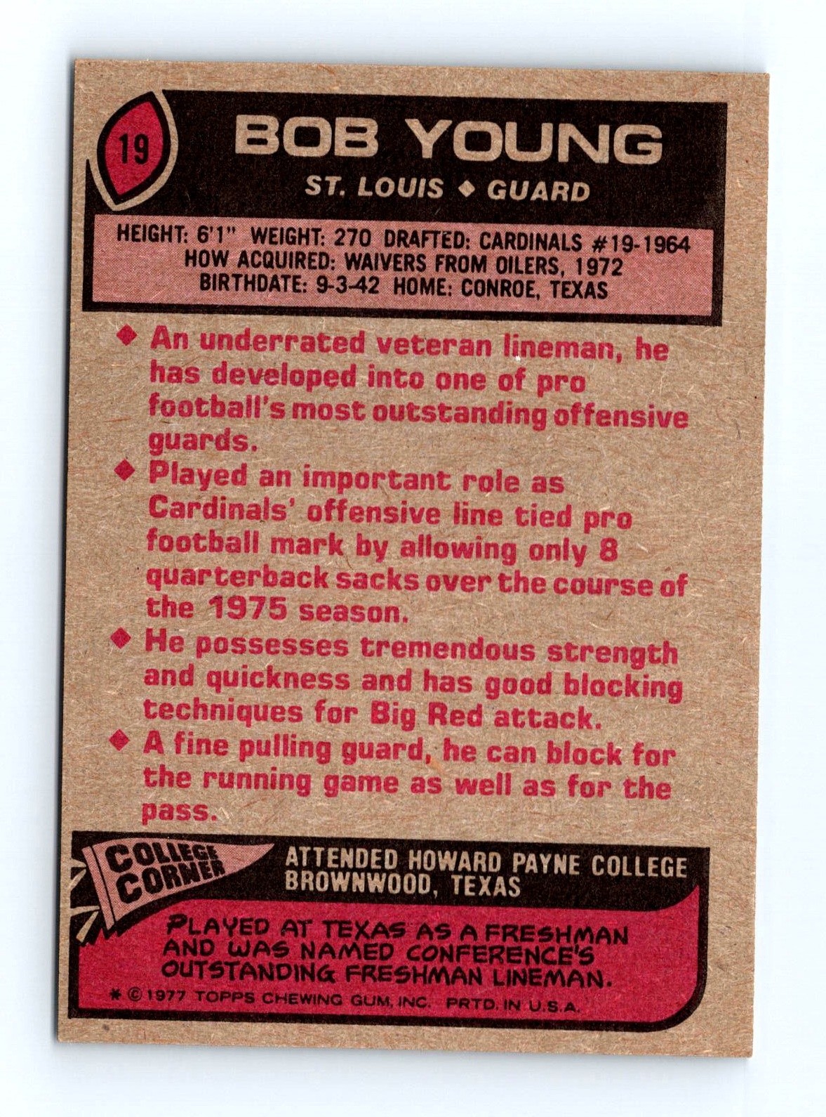 1977 Topps #19 Bob Young St. Louis Cardinals Football Card - Image 2
