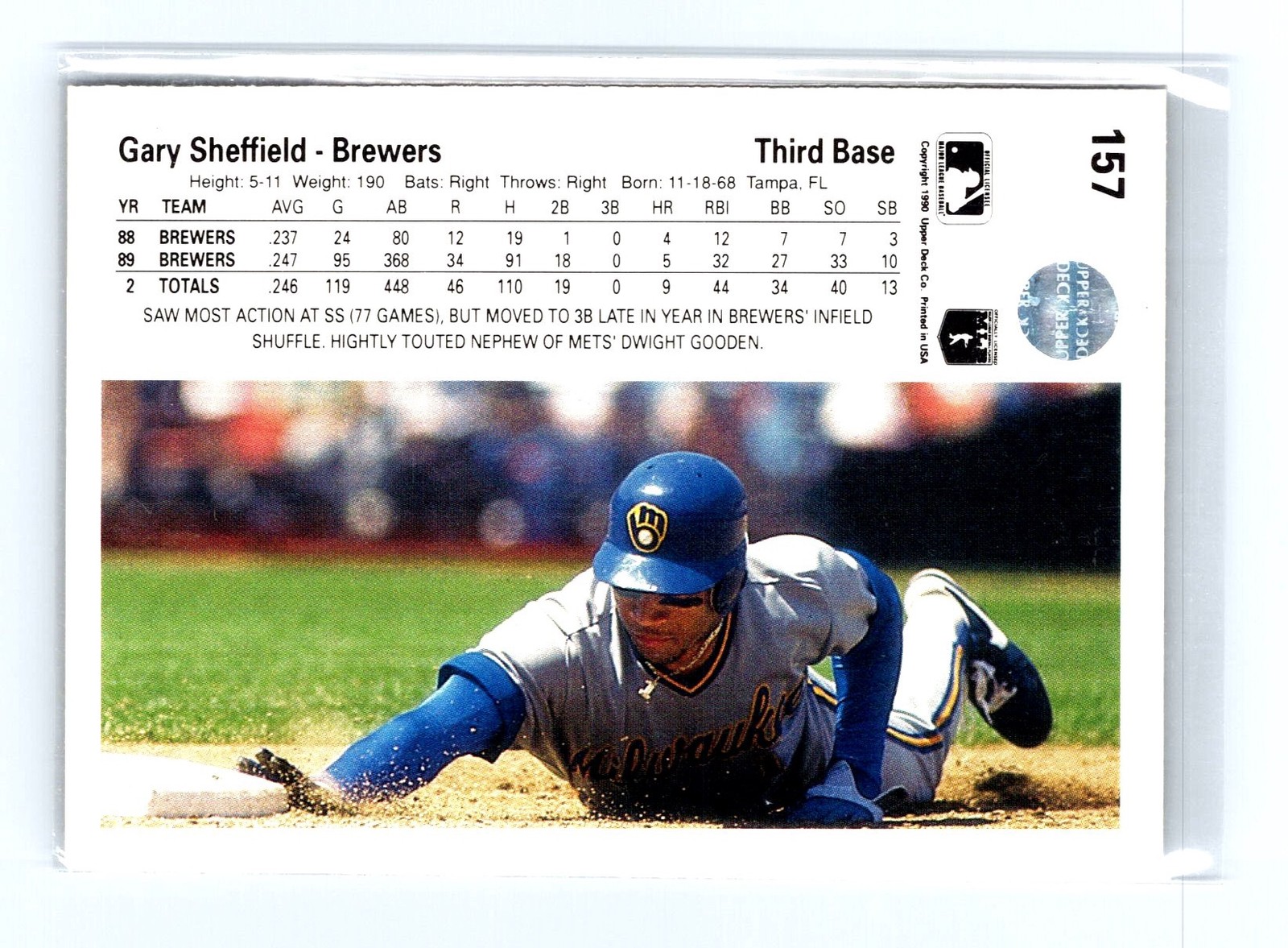 1990 Upper Deck #157b Gary Sheffield Milwaukee Brewers Baseball Card - Image 2
