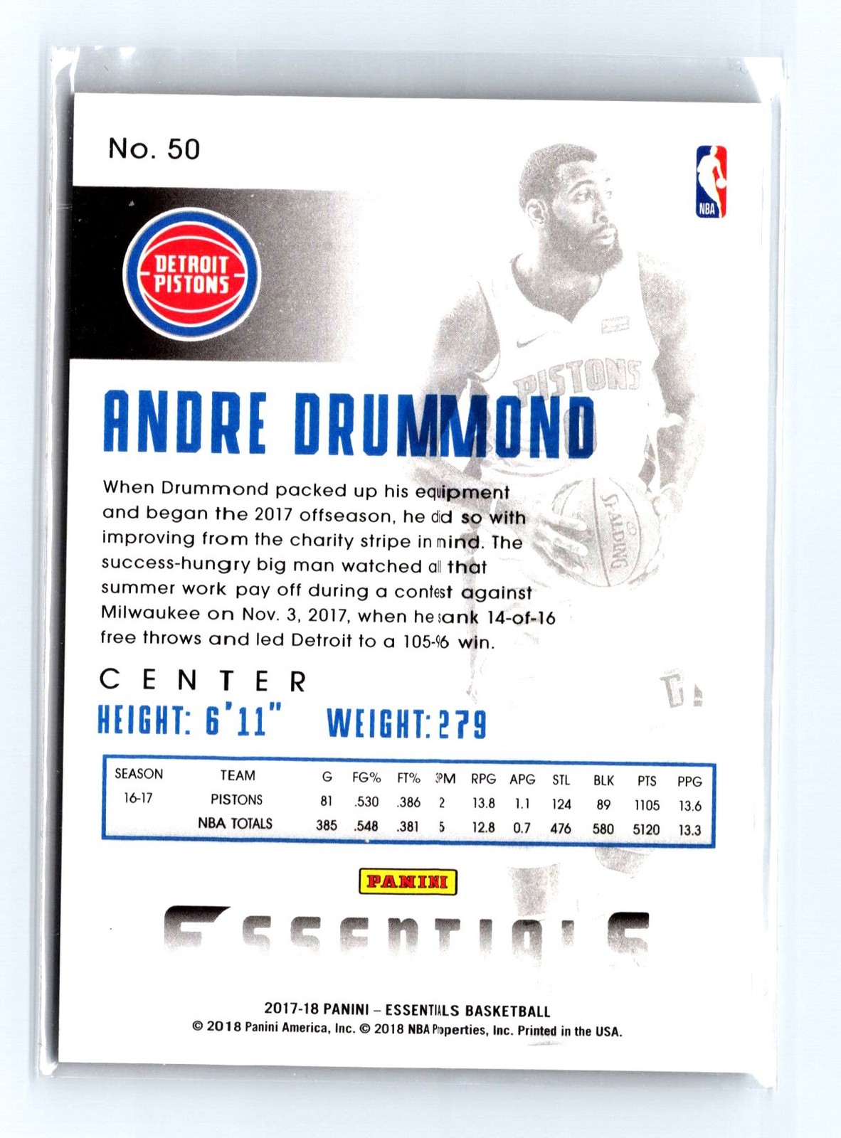 2017-18 Panini Essentials #50 Andre Drummond Spiral - Image 2