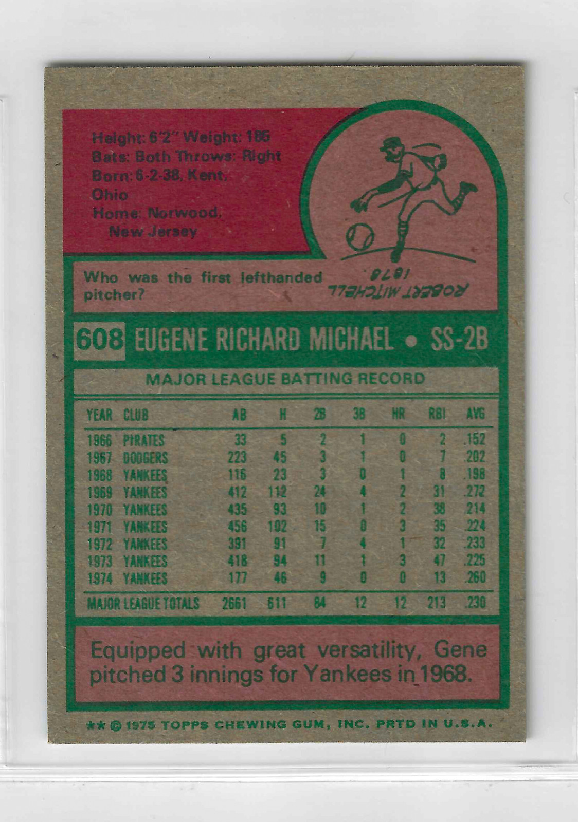 1975 Topps Mini Baseball Gene Michael #608 - Image 2