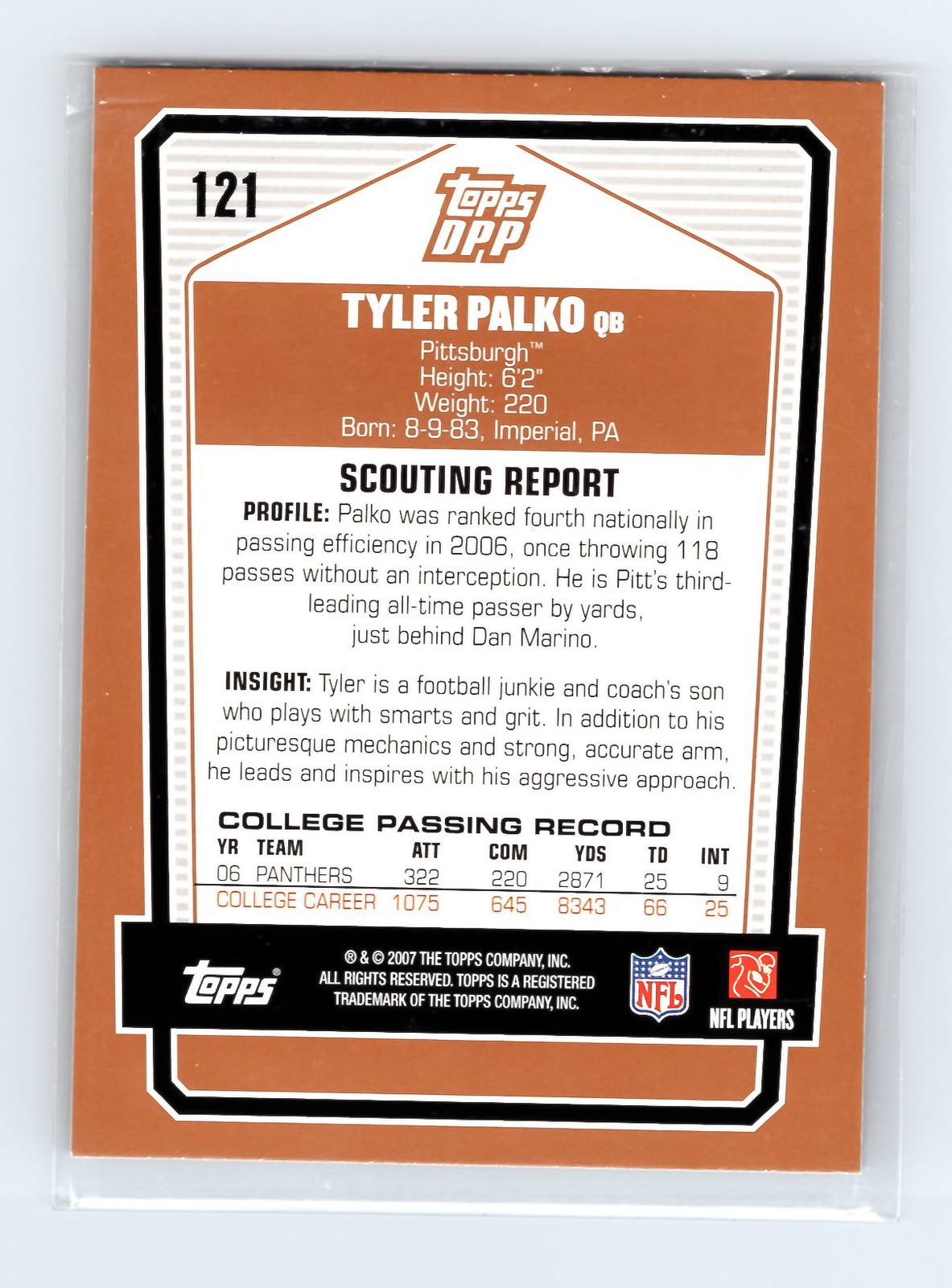 2007 Topps Tyler Palko #121 Pittsburgh Panthers Rookie Card EXCELLENT - Image 2