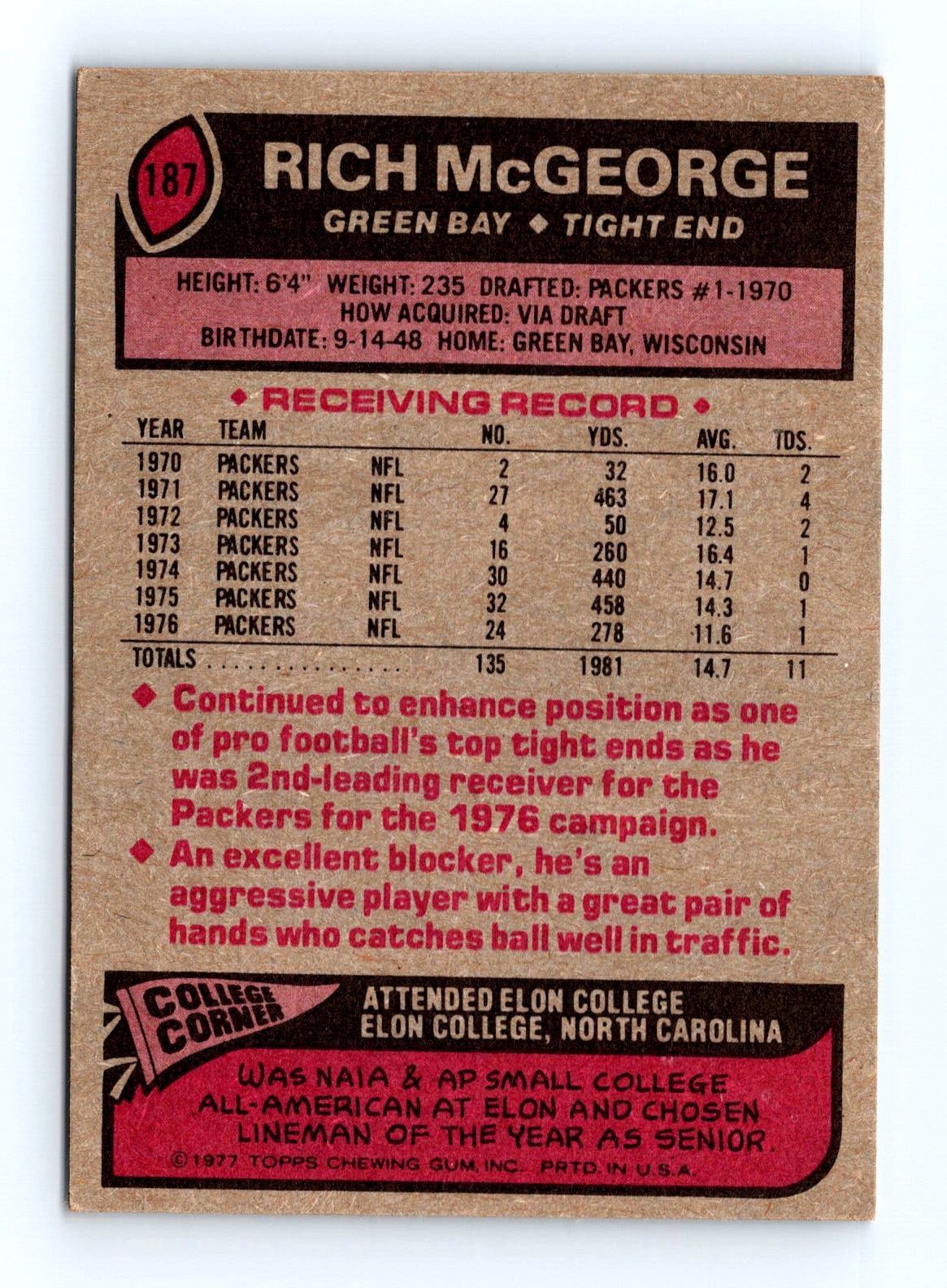 1977 Topps #187 Rich McGeorge Green Bay Packers NFL Football Card - Image 2