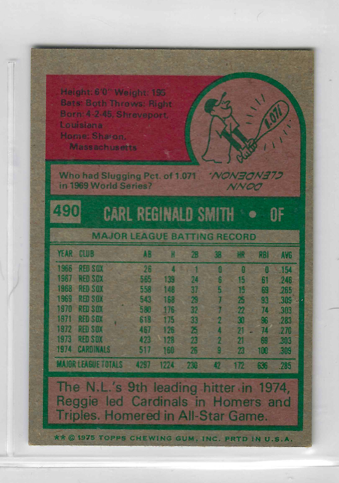 1975 Topps Mini Baseball Reggie Smith #490 St. Louis Cardinals - Image 2