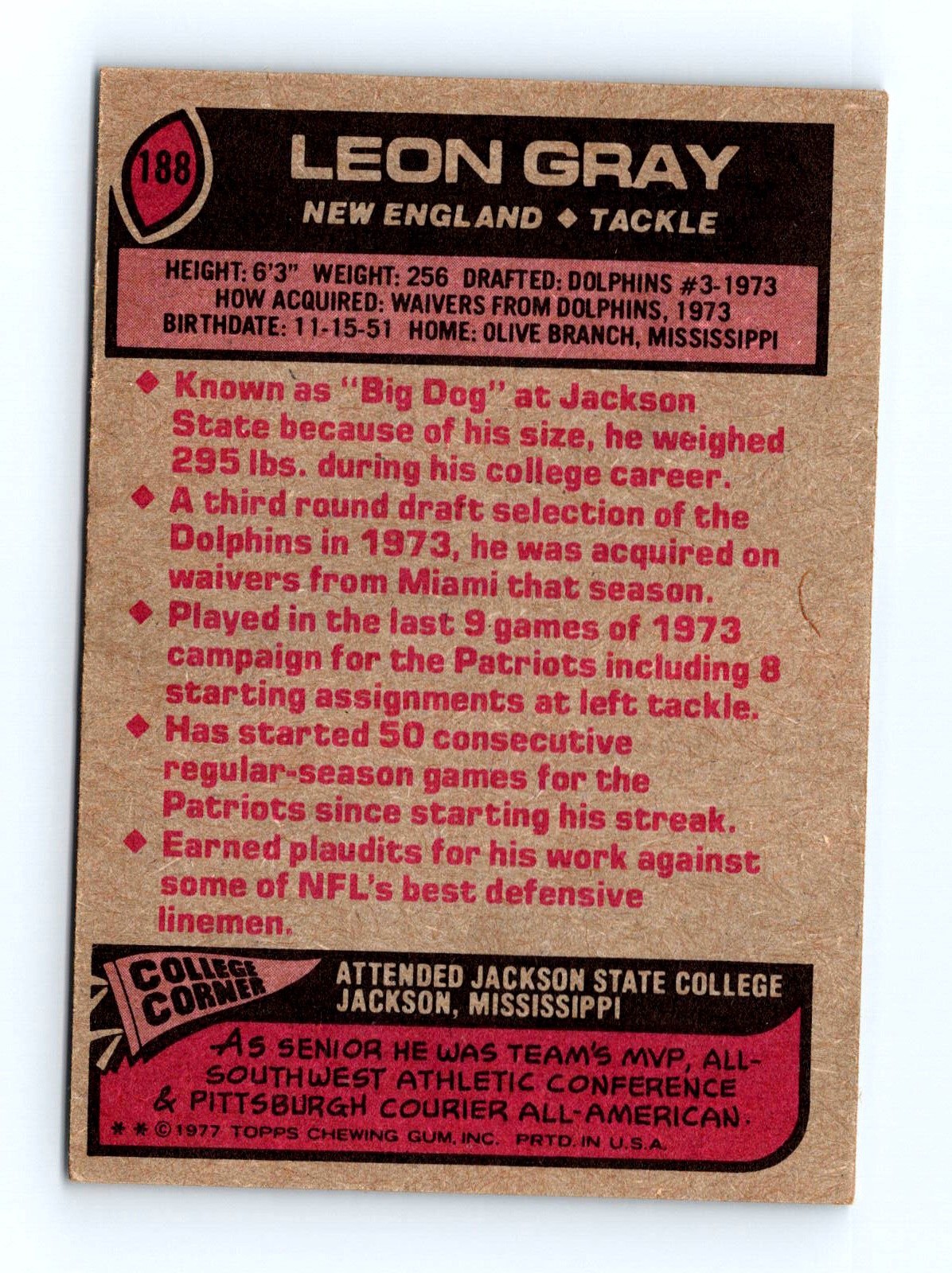 1977 Topps #188 Leon Gray New England Patriots NFL Football Card RC - Image 2