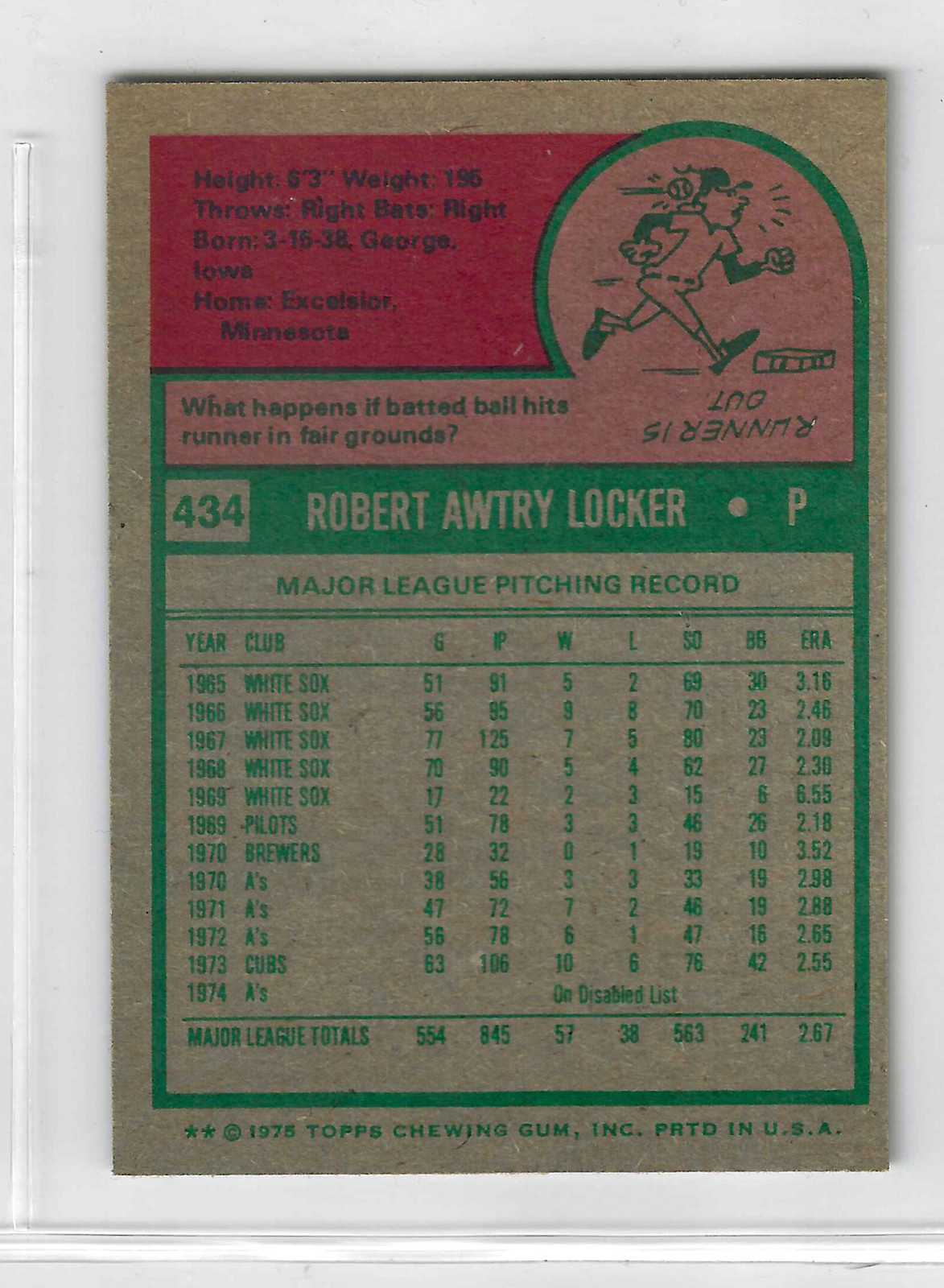 1975 Topps Mini Baseball Bob Locker #434 Chicago Cubs - Image 2